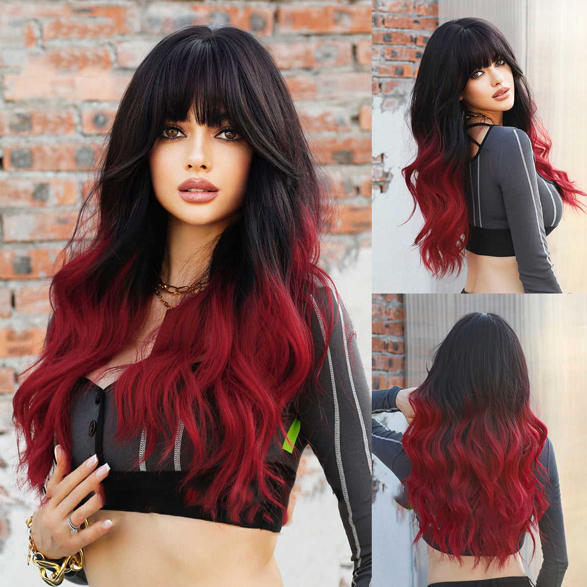 Ombre Black Red Long Curly Wig