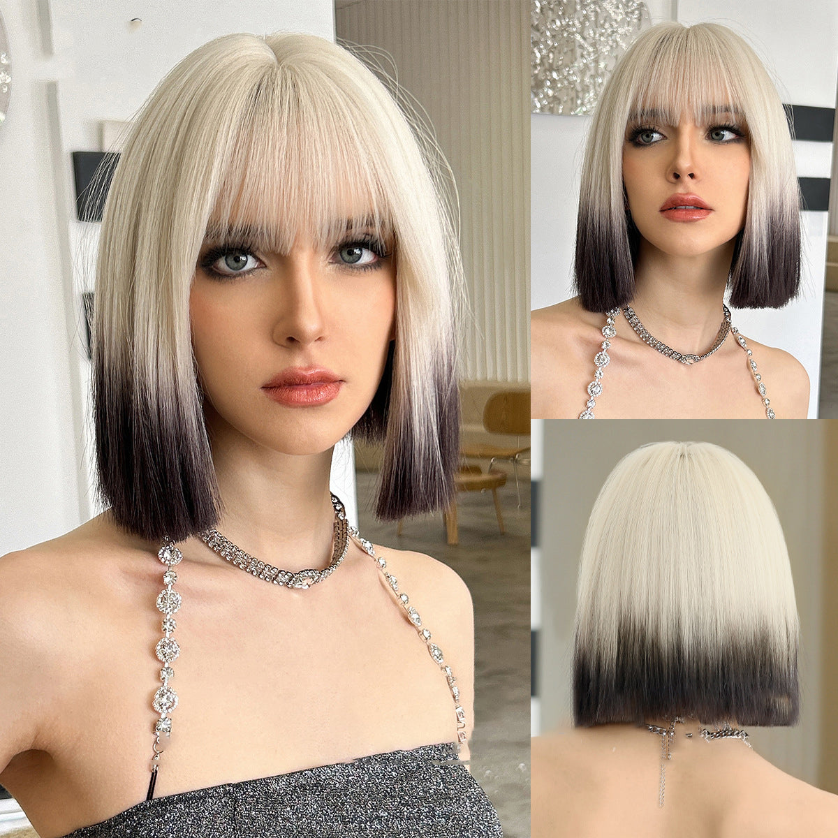 Off-White Ombre black Short Straight Wig