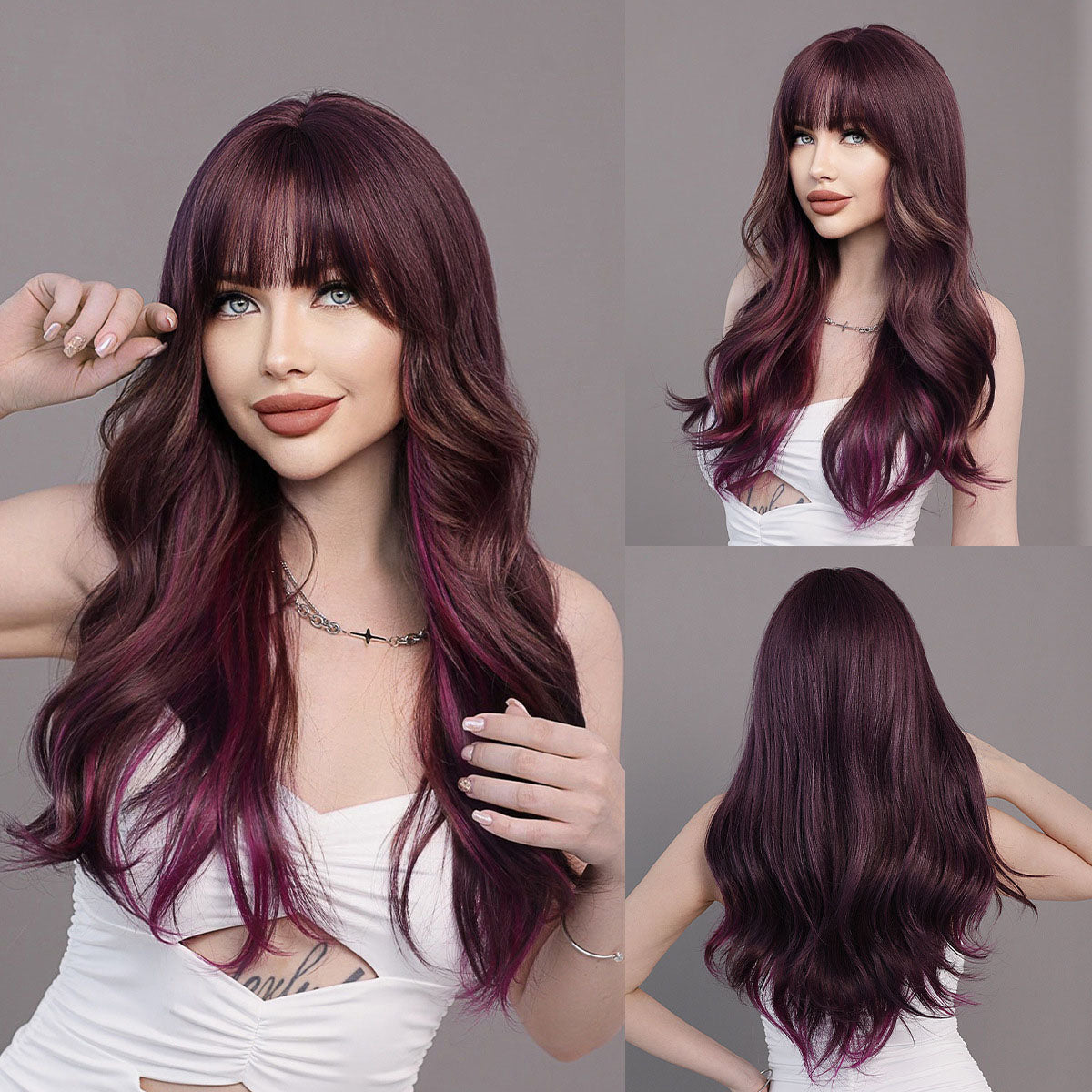 Purple Straight Bangs Long Curly Wig