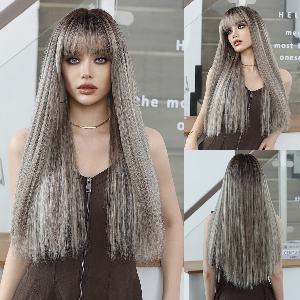 Gray Brown Long Straight Wig