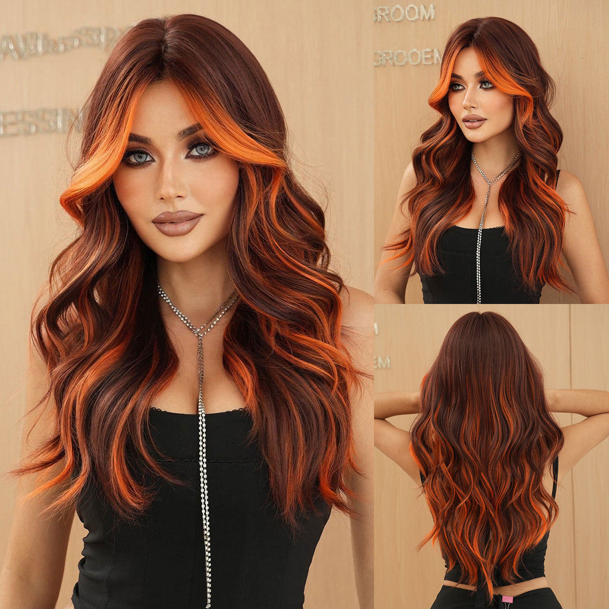 Brown Highlights Orange Long Wavy Wig