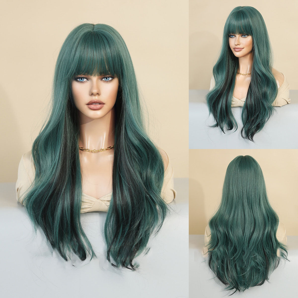 Green Straight Bangs Long Curly Wig