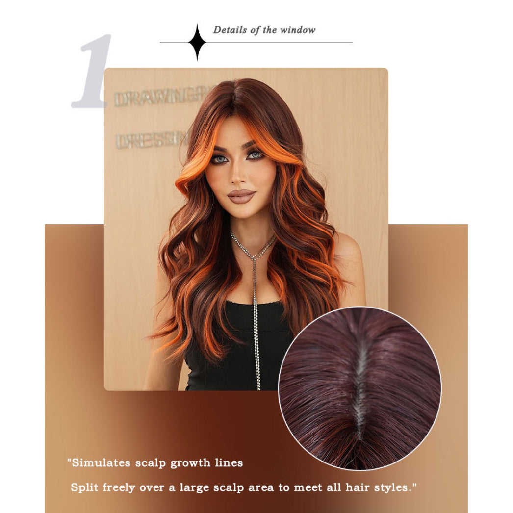 Brown Highlights Orange Long Wavy Wig