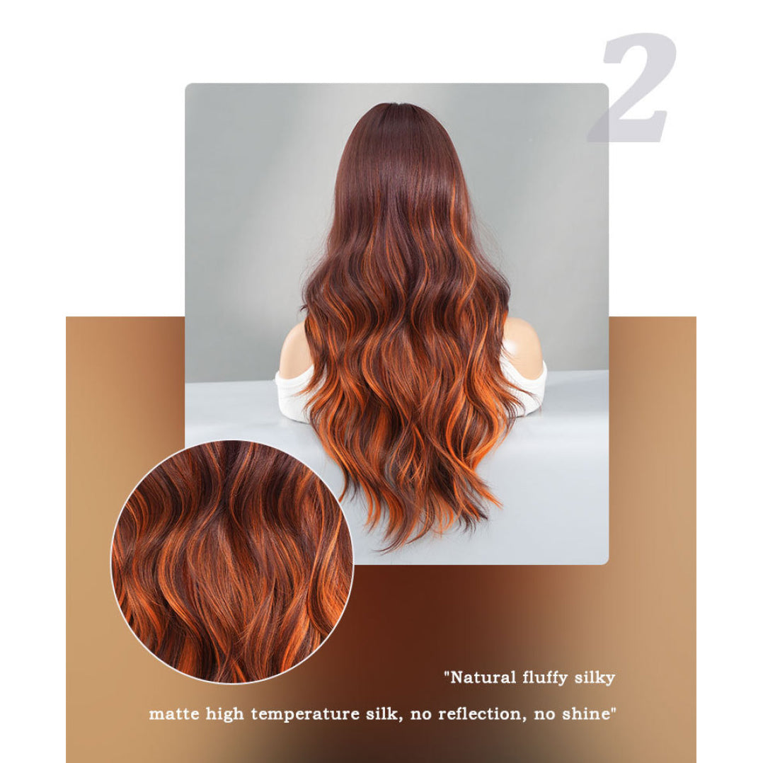 Brown Highlights Orange Long Wavy Wig