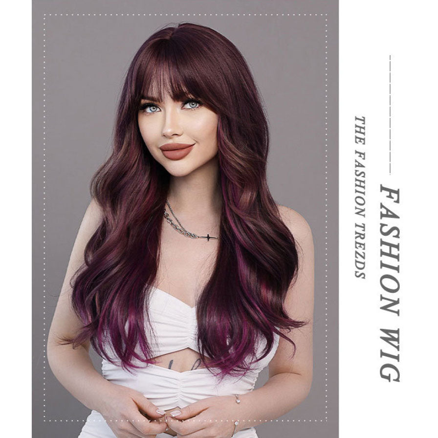 Purple Straight Bangs Long Curly Wig