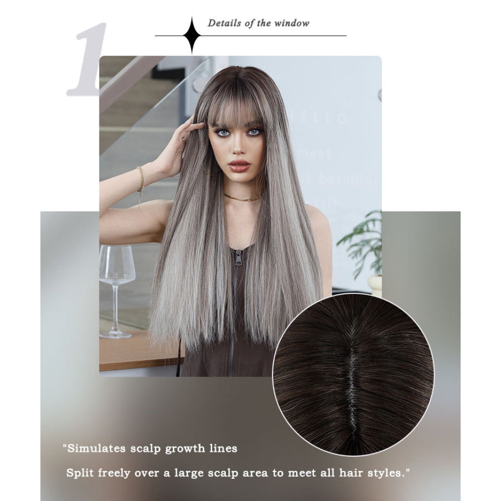 Gray Brown Long Straight Wig