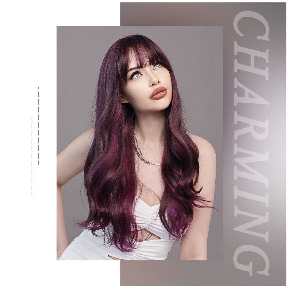 Purple Straight Bangs Long Curly Wig