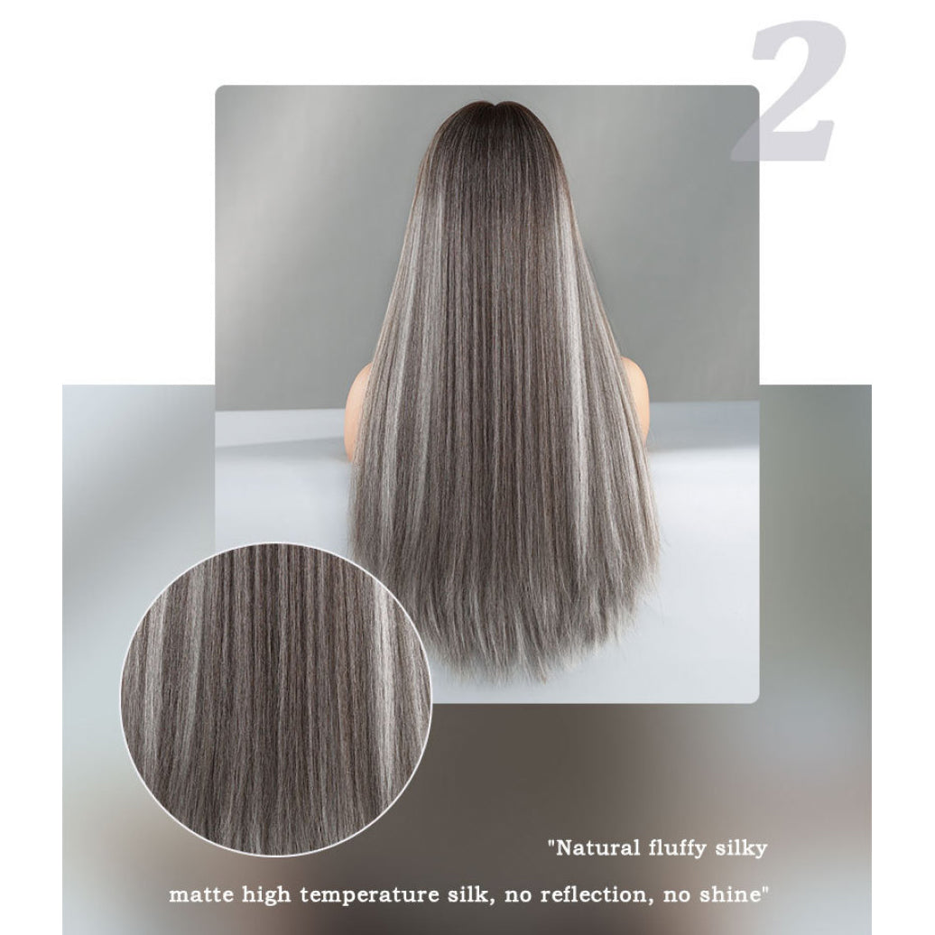 Gray Brown Long Straight Wig