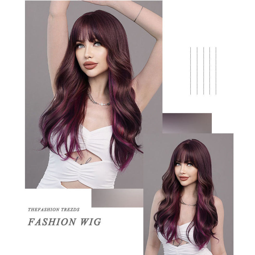 Purple Straight Bangs Long Curly Wig