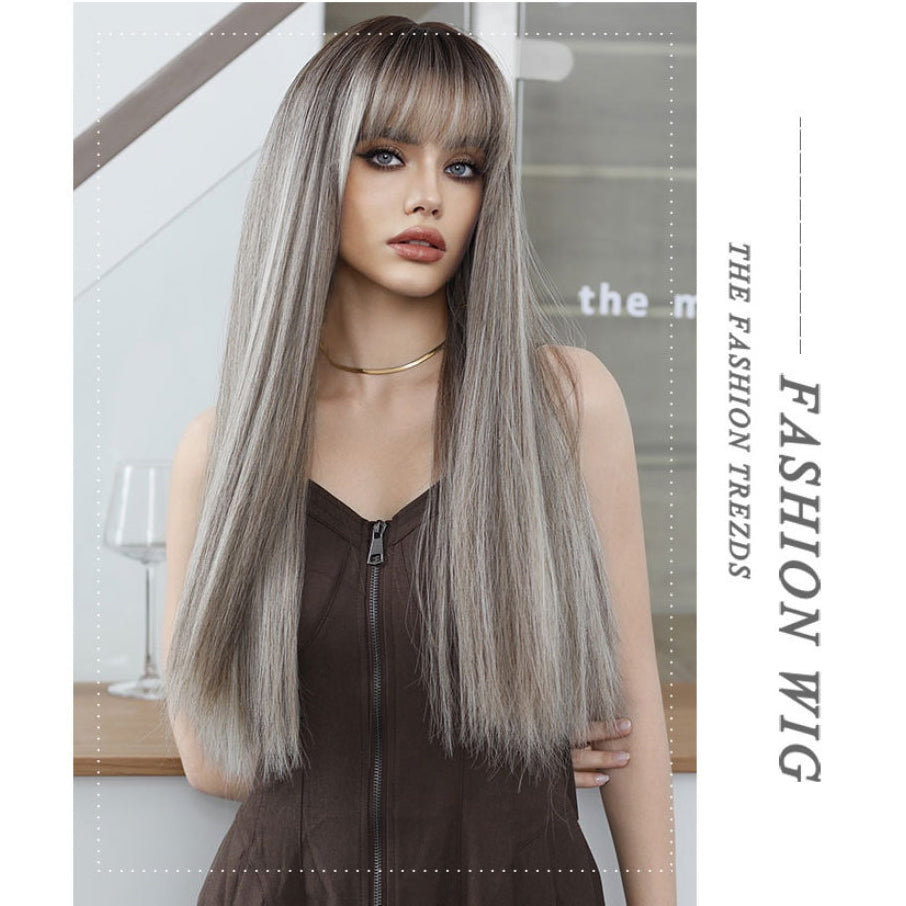 Gray Brown Long Straight Wig