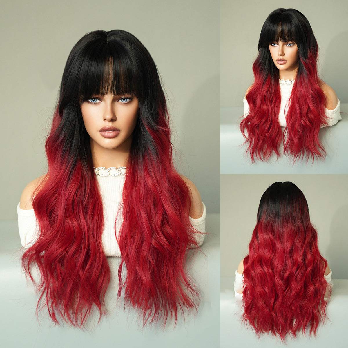 Ombre Black Red Long Curly Wig