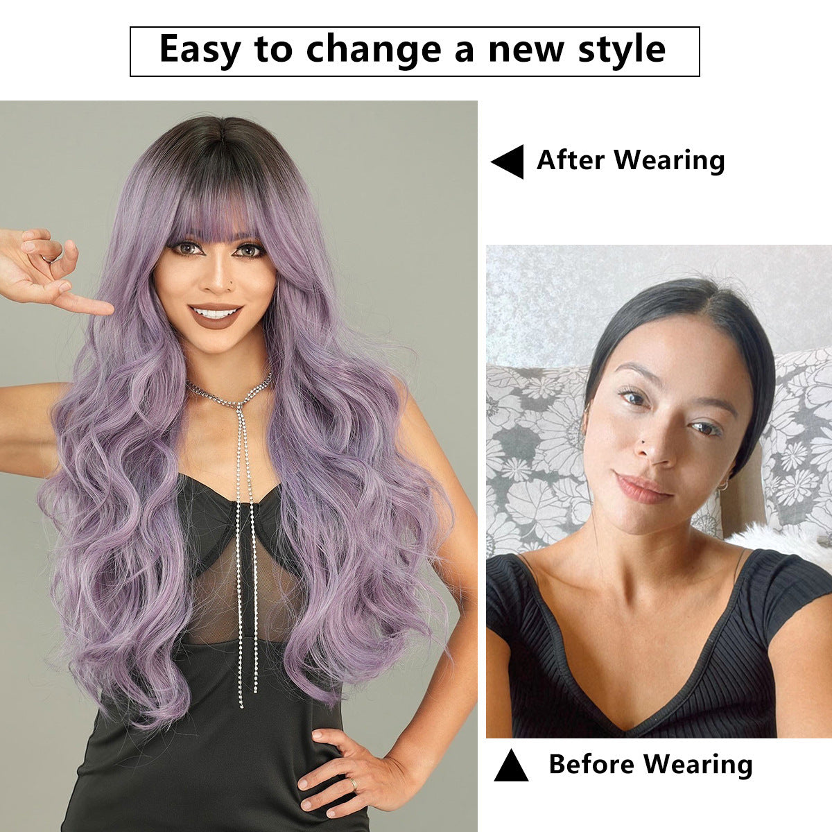 Gray Purple Long Wavy Wig