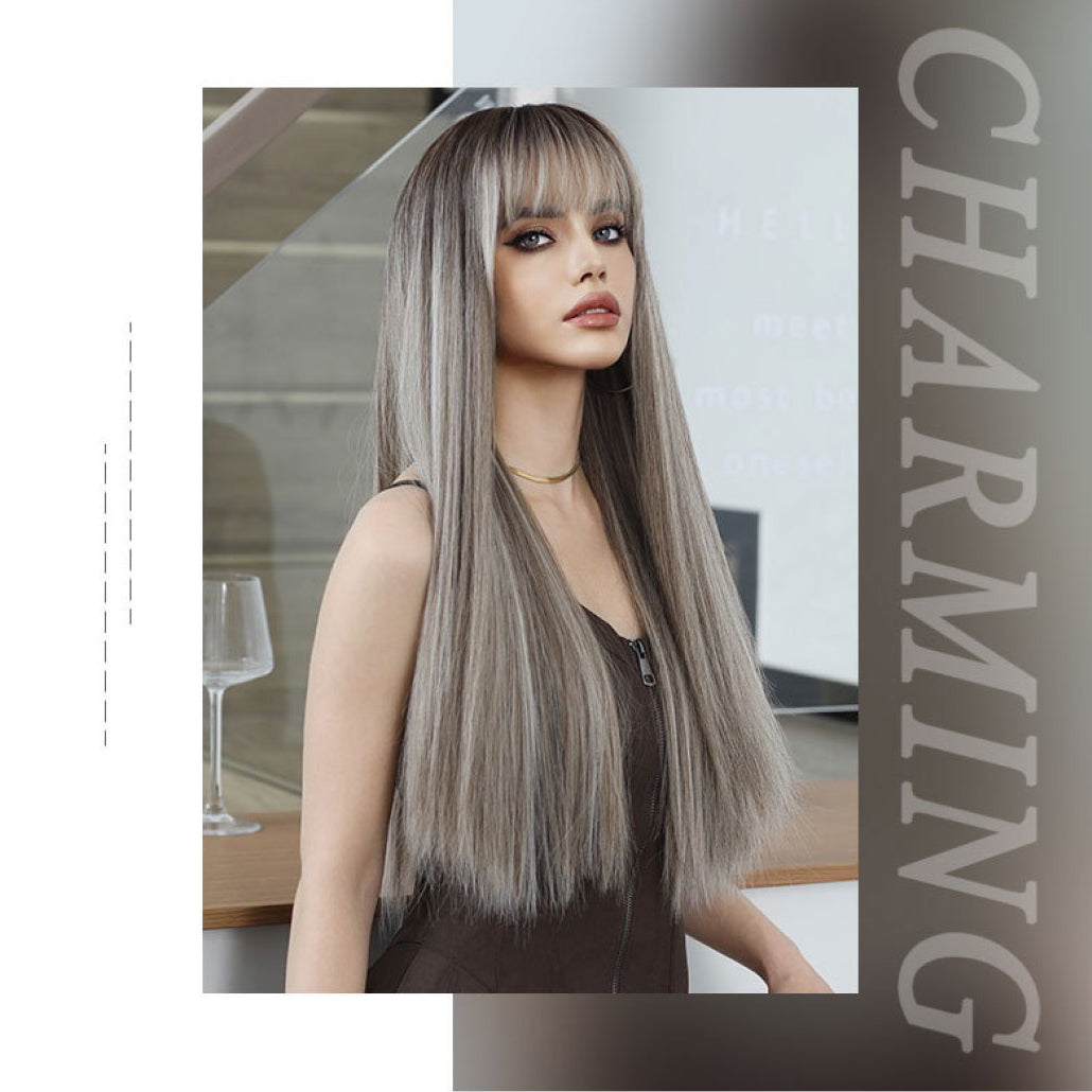 Gray Brown Long Straight Wig