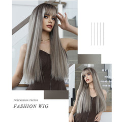 Gray Brown Long Straight Wig