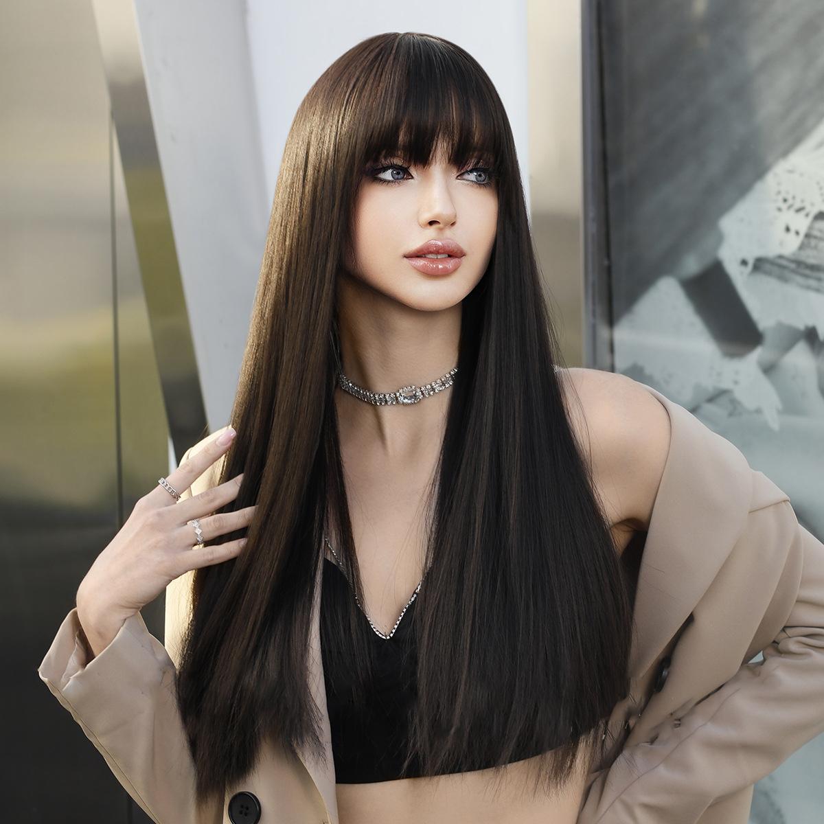 Simulation Long Straight Black Wig