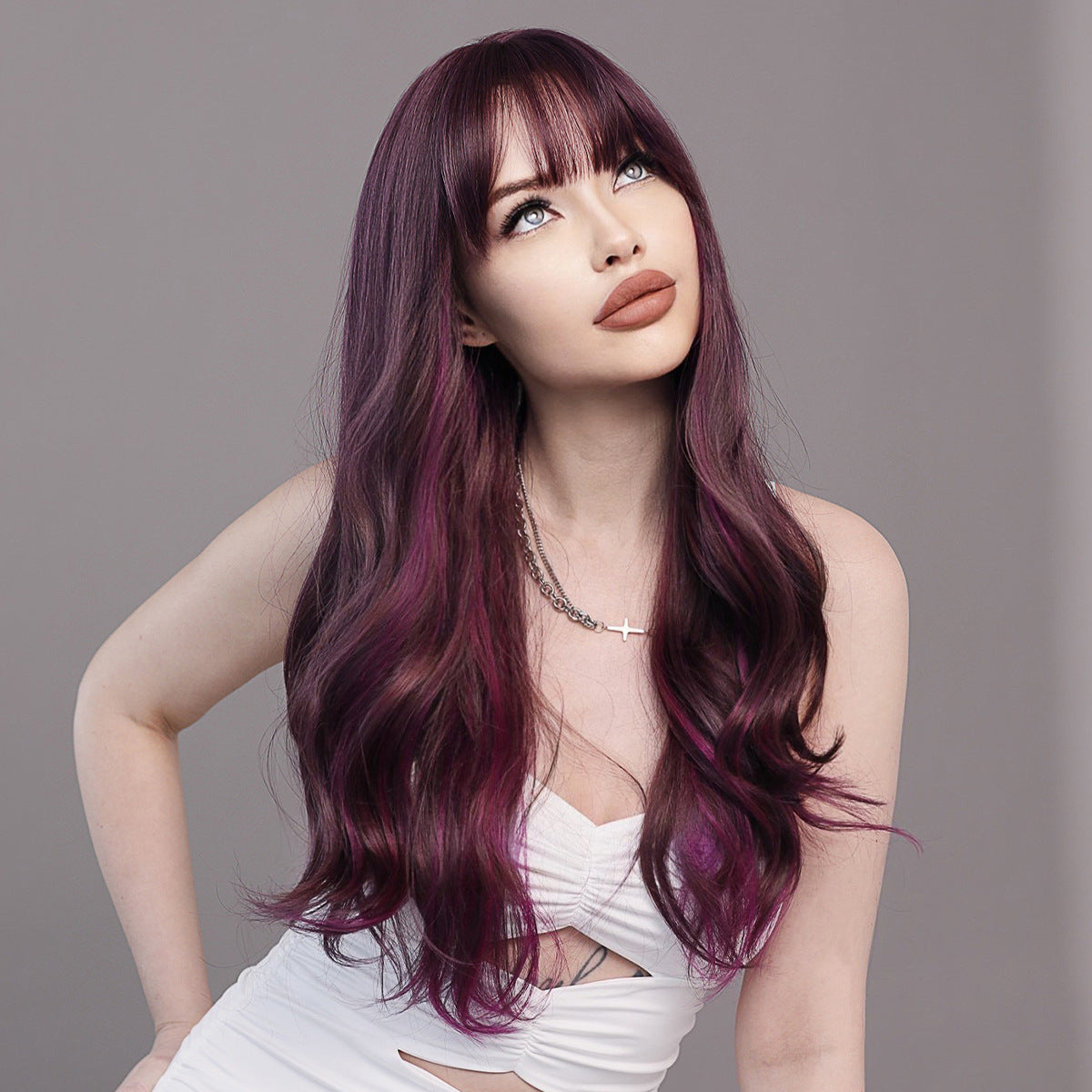 Purple Straight Bangs Long Curly Wig