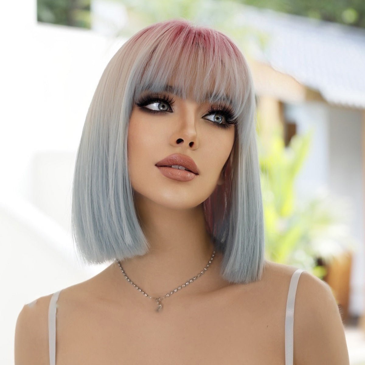 Pink Ombre Blue Short Straight Wig