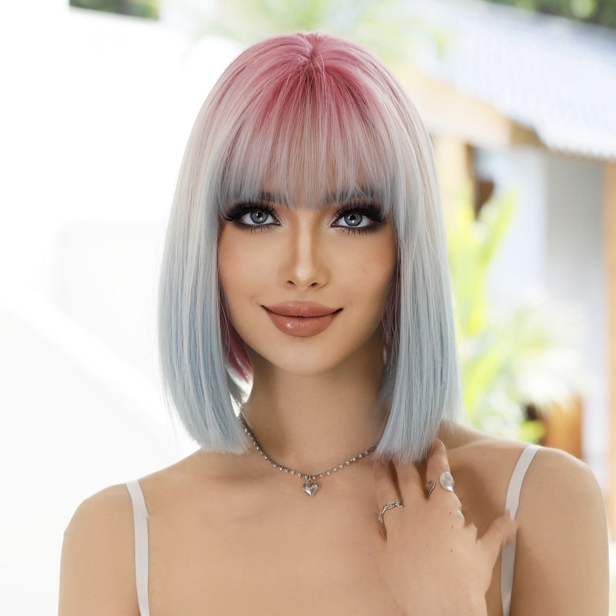 Pink Ombre Blue Short Straight Wig