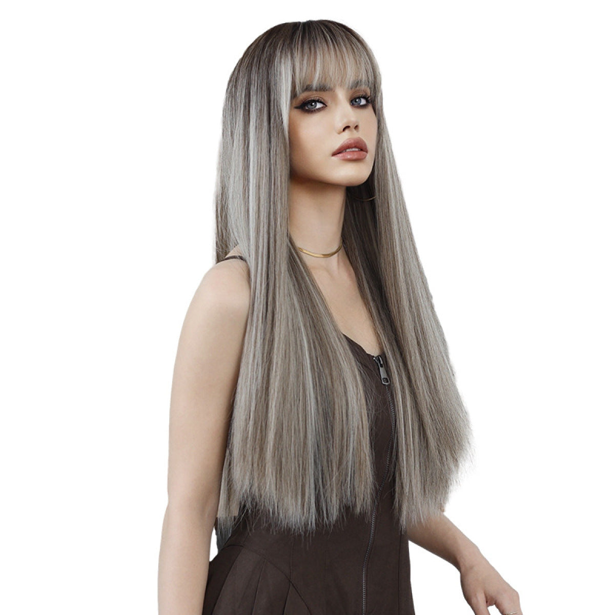 Gray Brown Long Straight Wig