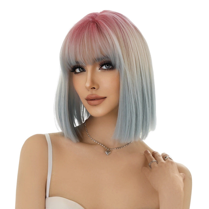 Pink Ombre Blue Short Straight Wig