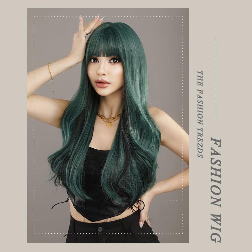 Green Straight Bangs Long Curly Wig