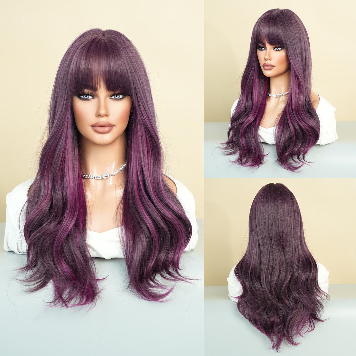 Purple Straight Bangs Long Curly Wig