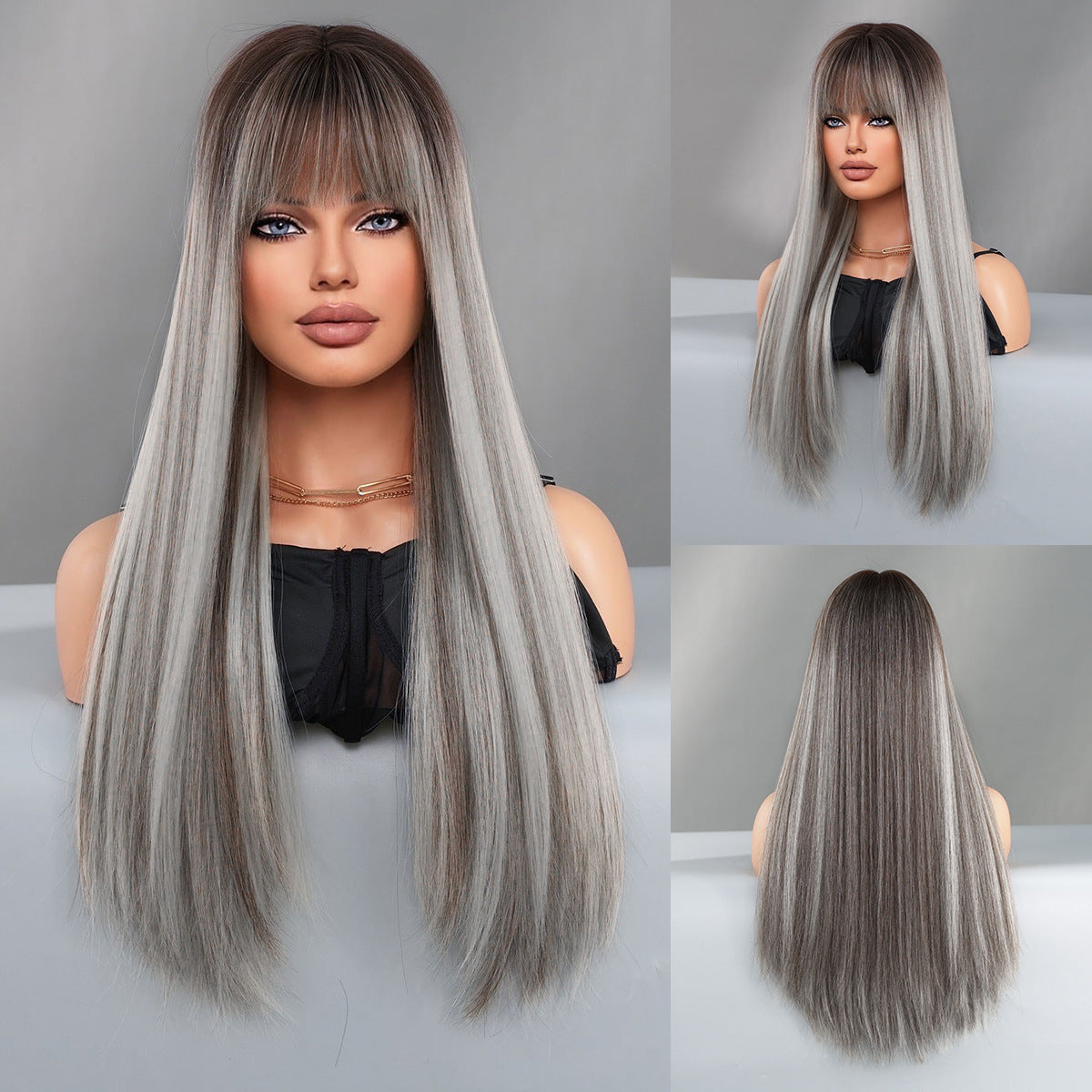 Gray Brown Long Straight Wig