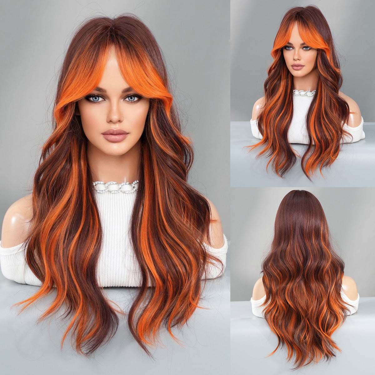 Brown Highlights Orange Long Wavy Wig