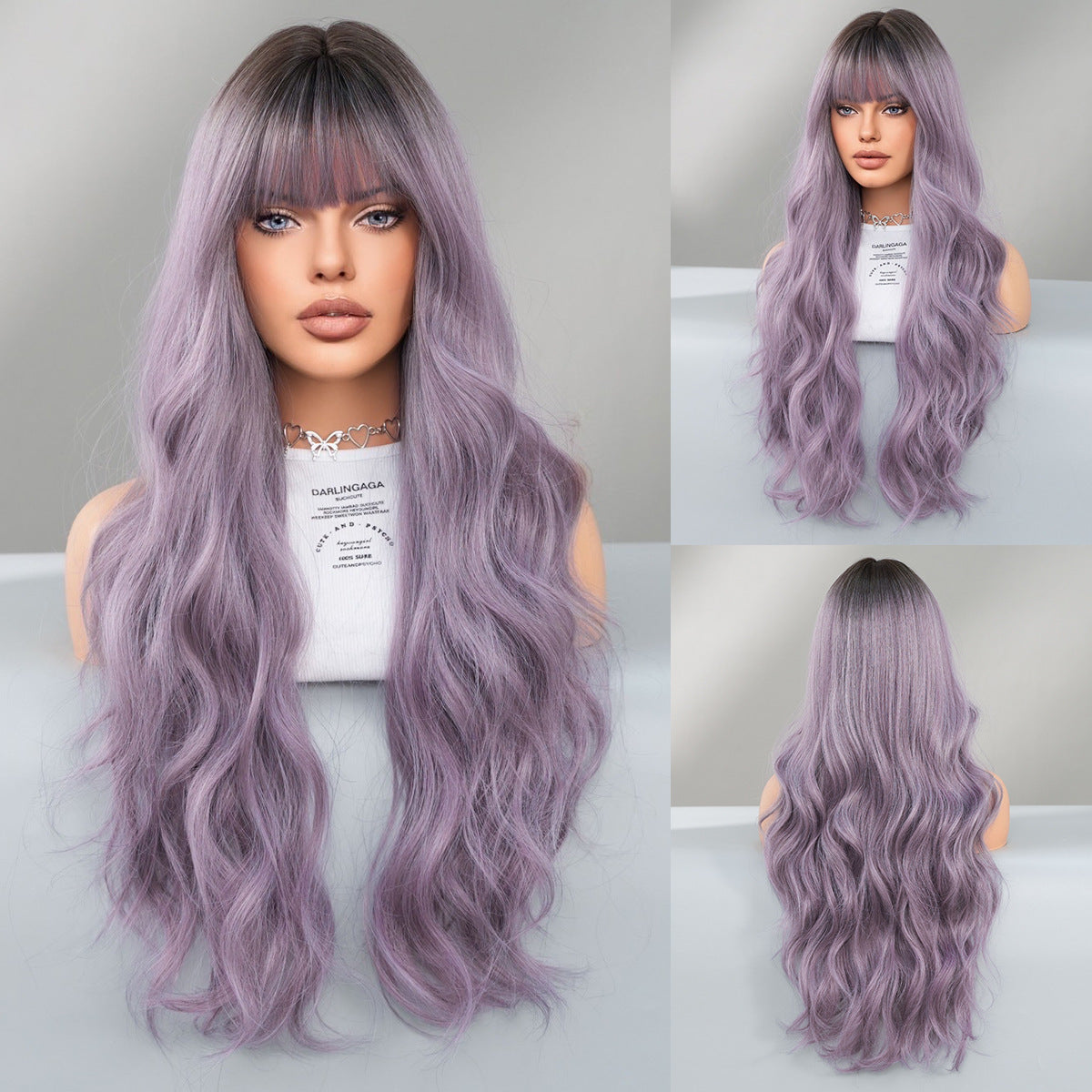 Gray Purple Long Wavy Wig