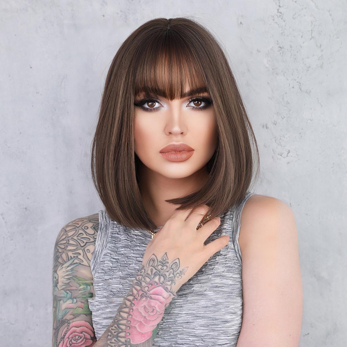 Black Brown Short Straight Bob Wig