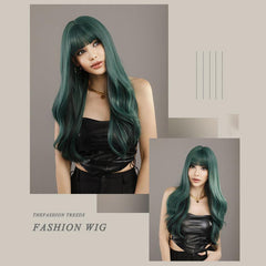 Green Straight Bangs Long Curly Wig