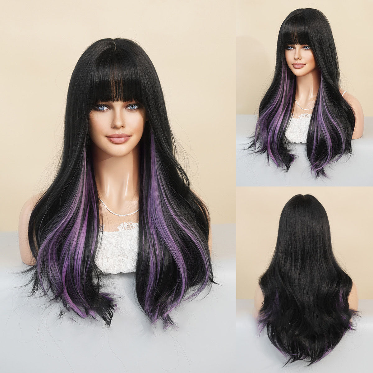 Purple Straight Bangs Long Curly Wig