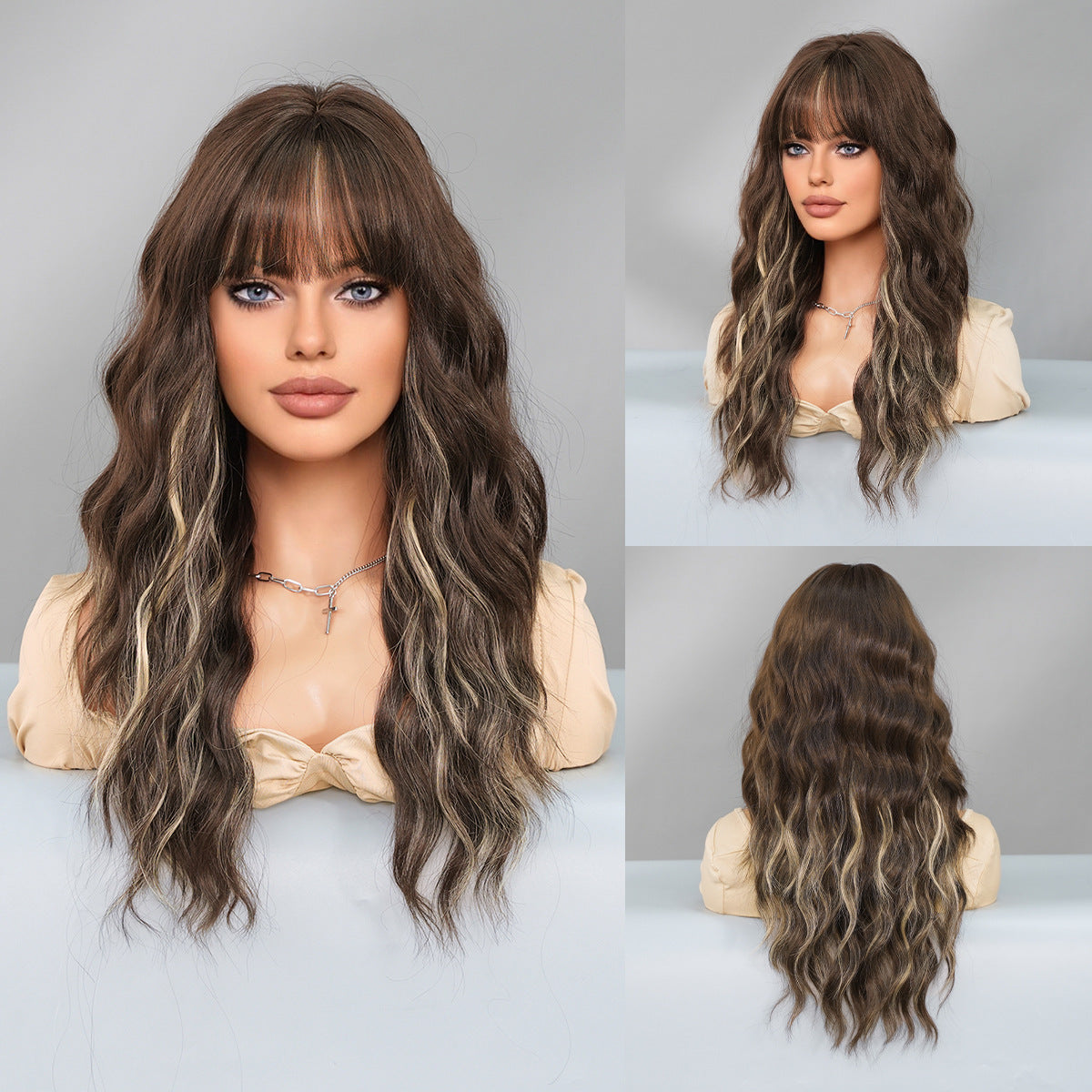 Fluffy Beige Brown Long Wavy Wig