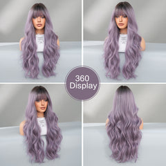 Gray Purple Long Wavy Wig