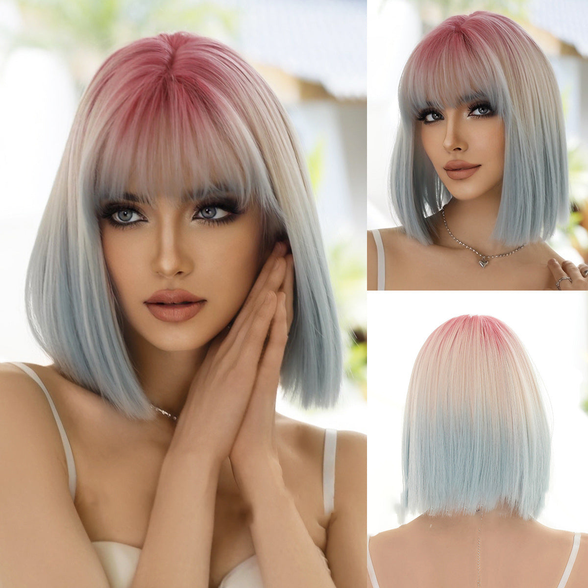 Pink Ombre Blue Short Straight Wig