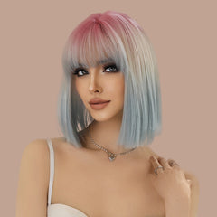 Pink Ombre Blue Short Straight Wig