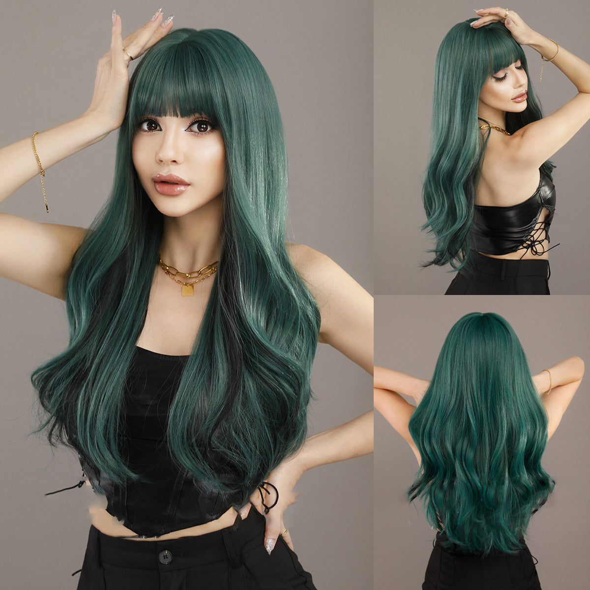 Green Straight Bangs Long Curly Wig