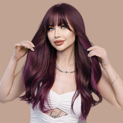 Purple Straight Bangs Long Curly Wig