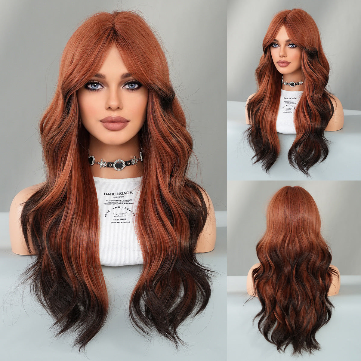 Brown Highlights Orange Long Wavy Wig