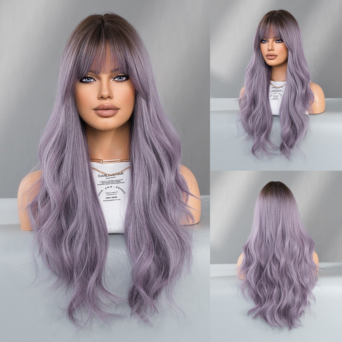 Gray Purple Long Wavy Wig