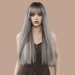 Gray Brown Long Straight Wig