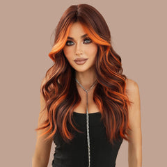 Brown Highlights Orange Long Wavy Wig