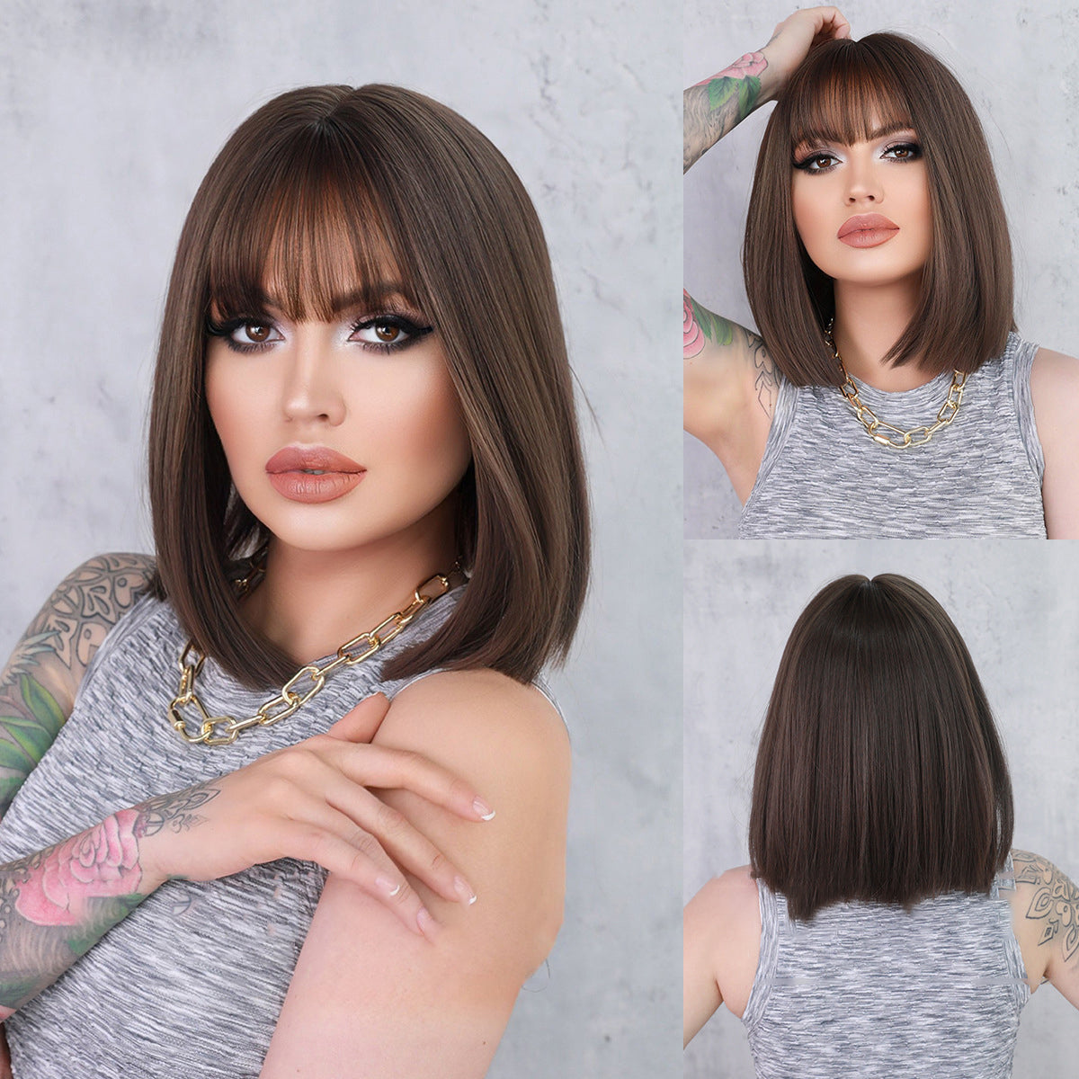 Black Brown Short Straight Bob Wig