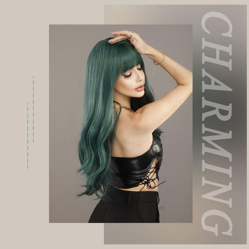 Green Straight Bangs Long Curly Wig