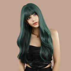 Green Straight Bangs Long Curly Wig