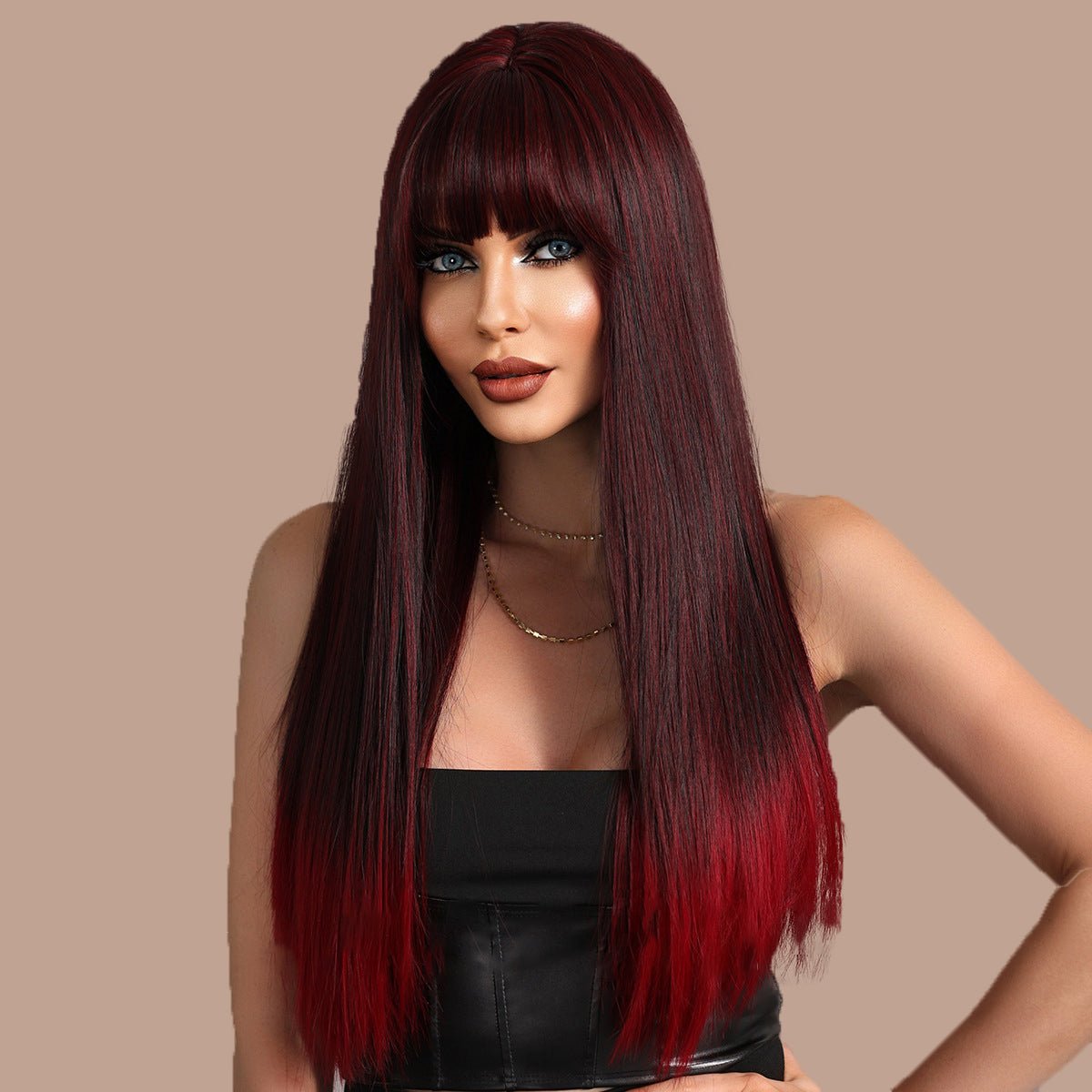 Black Ombre Red Long Straight Wig - SERENEWIG