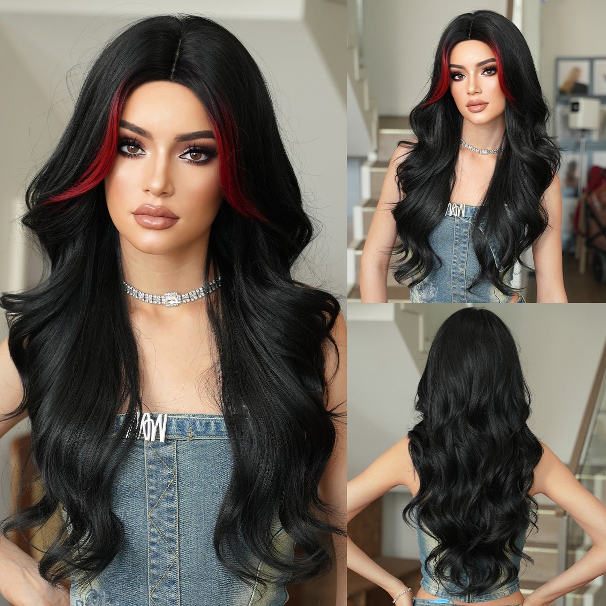 Black Red Highlights Wavy Wig - SERENEWIG