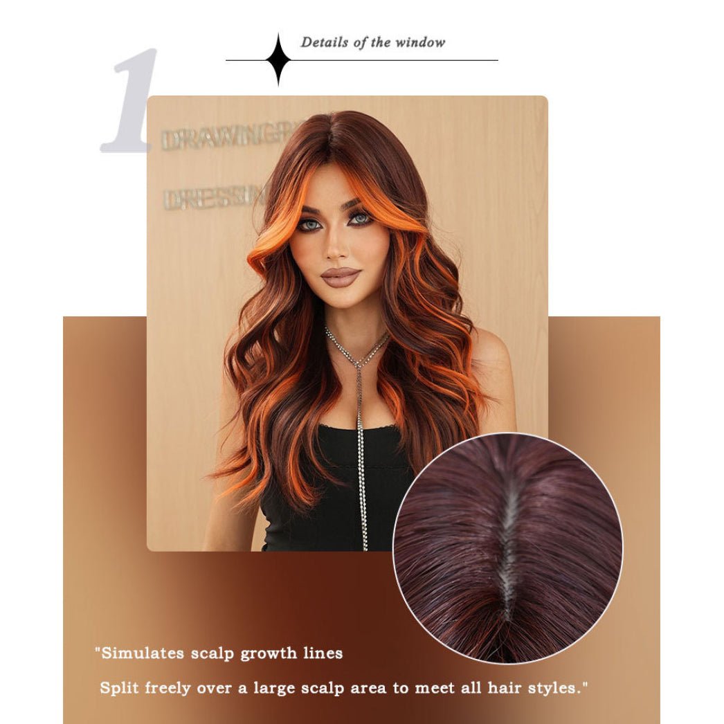 Brown Highlights Orange Long Wavy Wig - SERENEWIG