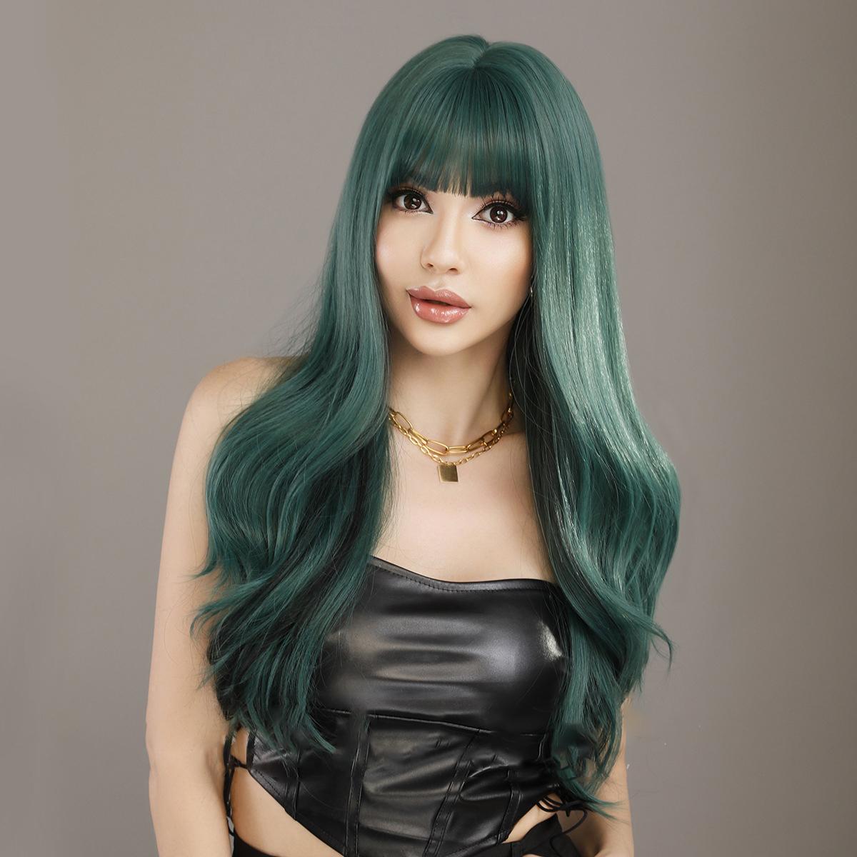 Green Straight Bangs Long Curly Wig