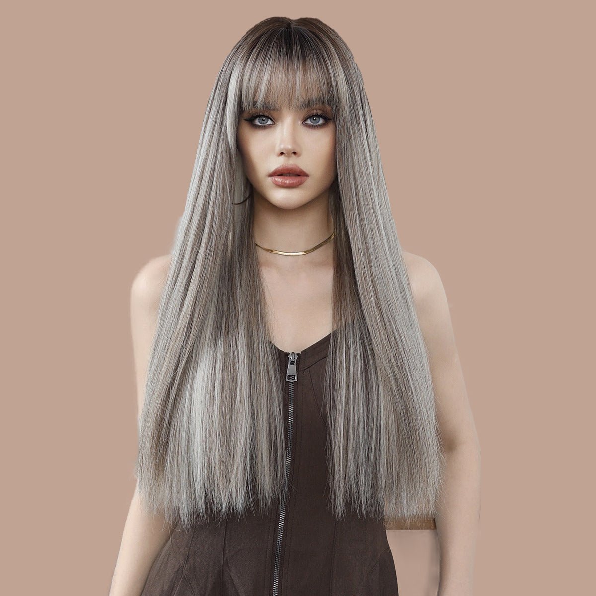 Gray Brown Long Straight Wig - SERENEWIG